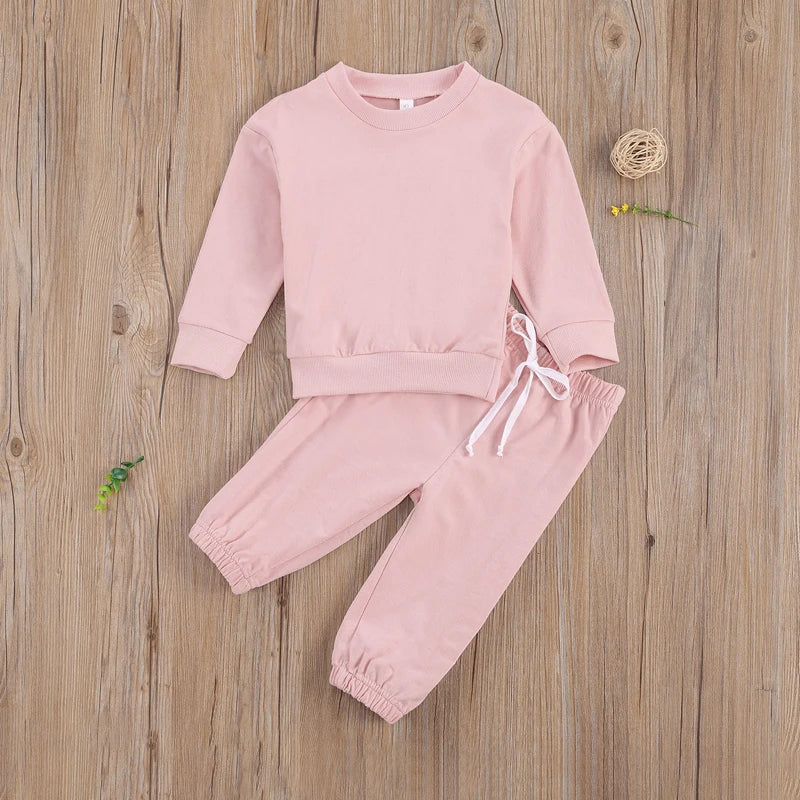 Girl 2Psc Set Kid's Solid Color Crew Neck Long Sleeve Pullover Toddler's Elastic Lace Up Trousers
