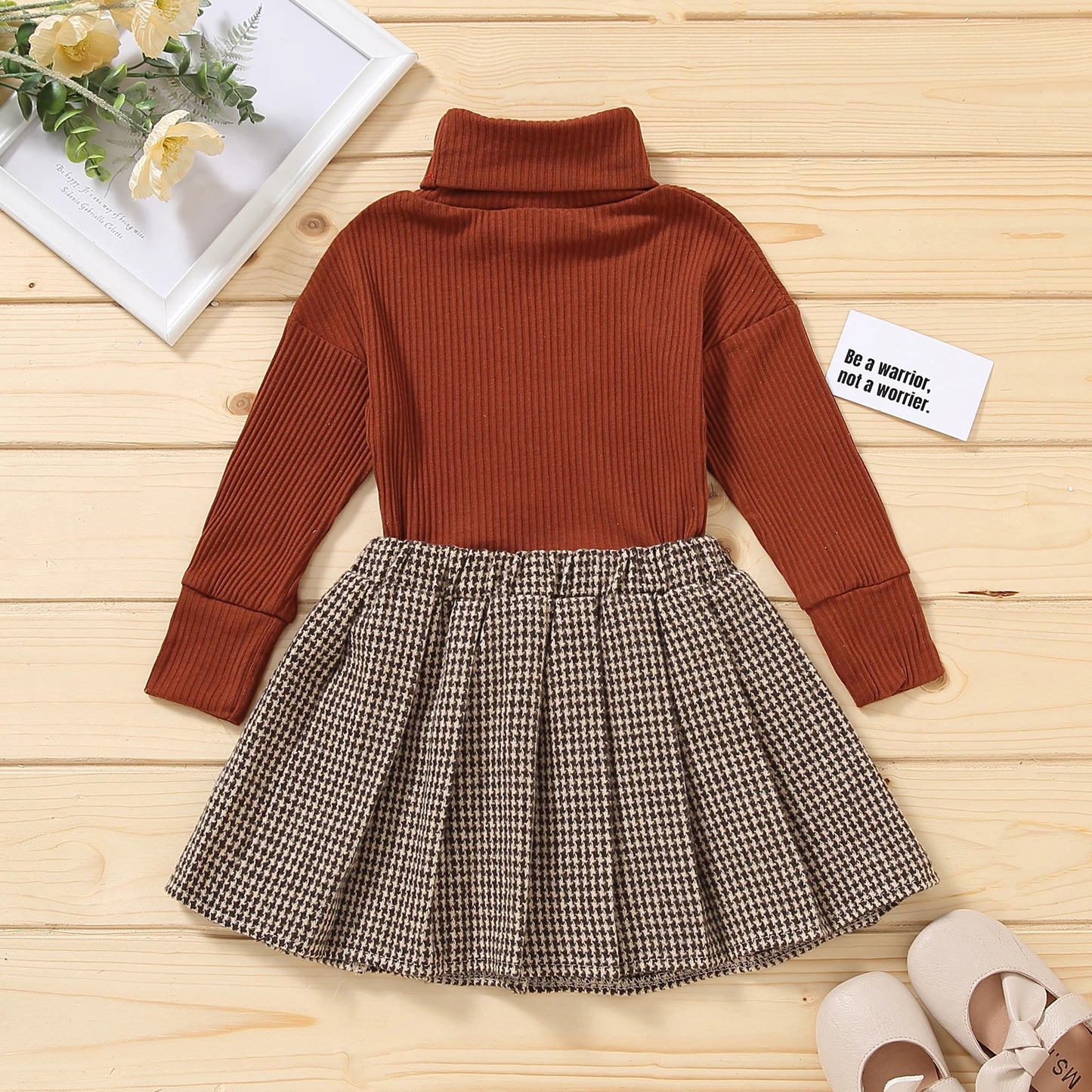 Toddler Baby Girls Casual 2Pcs Clothes Set Solid Turtleneck Knitwear Pleated Skirt Khaki/ White/ Red/ Brown