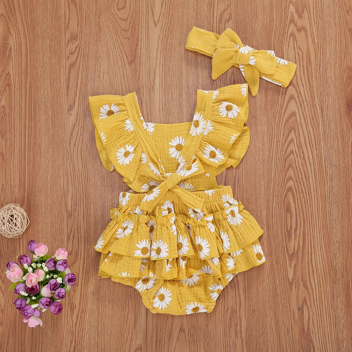 2Pcs Newborn Baby Girl Daisy Printed Romper Off Shoulder Cotton Soft Jumpsuit Headband Outfit Set