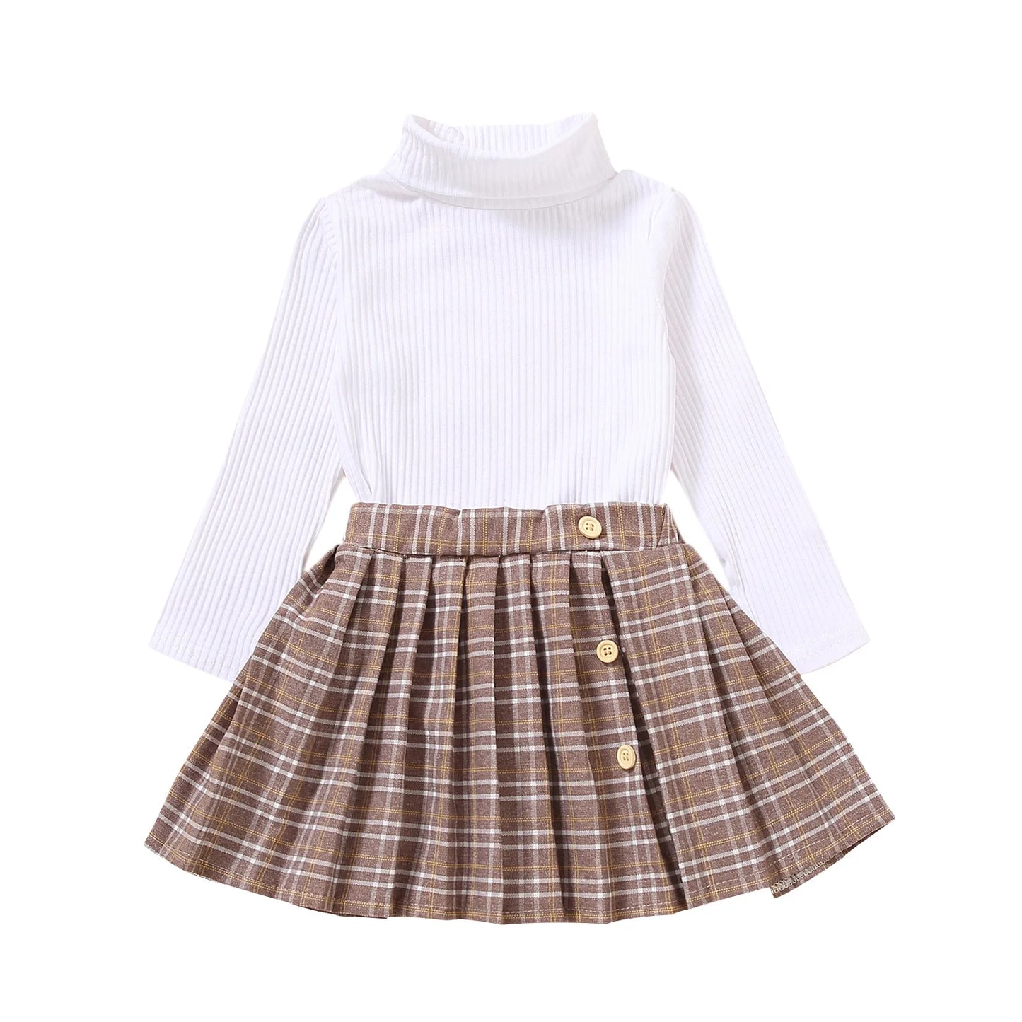 Toddler Baby Girls Casual 2Pcs Clothes Set Solid Turtleneck Knitwear Pleated Skirt Khaki/ White/ Red/ Brown