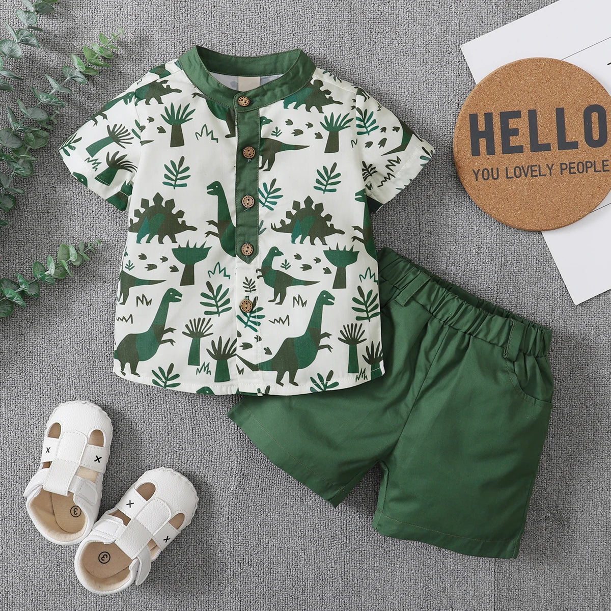 Toddler Boy 2Pcs Summer Outfits Short Sleeve Button Down Shirt Solid Elastic Waist Shorts Set