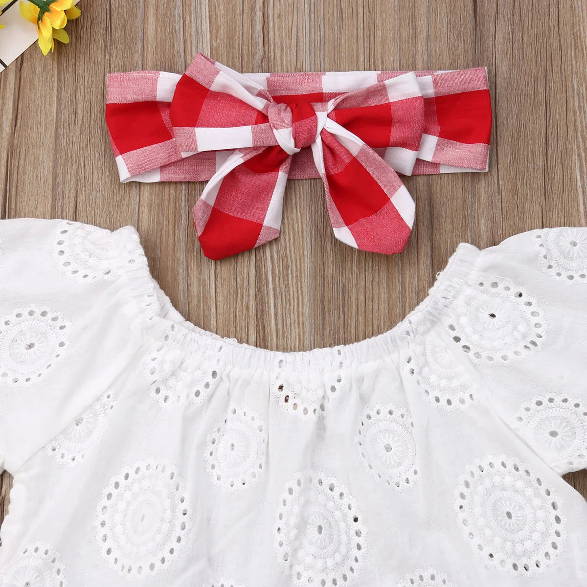 Newborn Baby Girl Clothes Cute Summer Off Shoulder Lace Tops+ Red Plaid Short Dress Headband Outfit