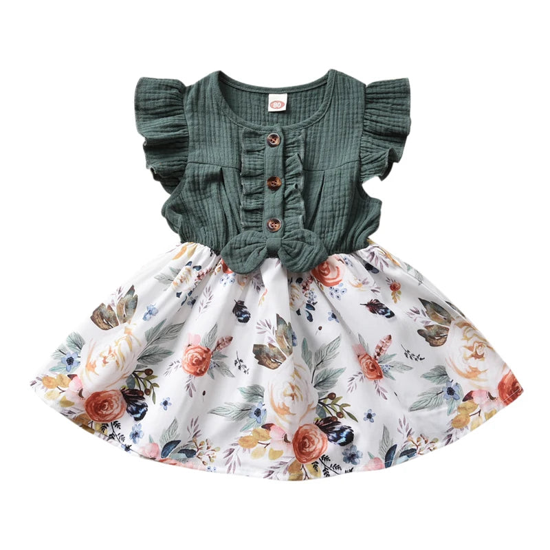 Baby Girls Bowknot Floral Print Ruffles Sleeve Patchwork Length A-Line Sundress