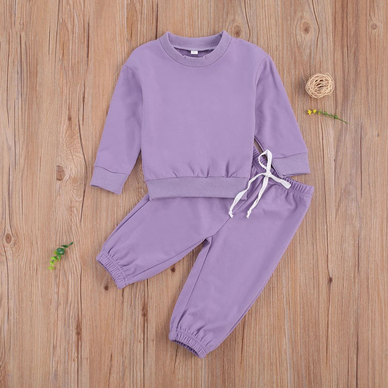 Girl 2Psc Set Kid's Solid Color Crew Neck Long Sleeve Pullover Toddler's Elastic Lace Up Trousers