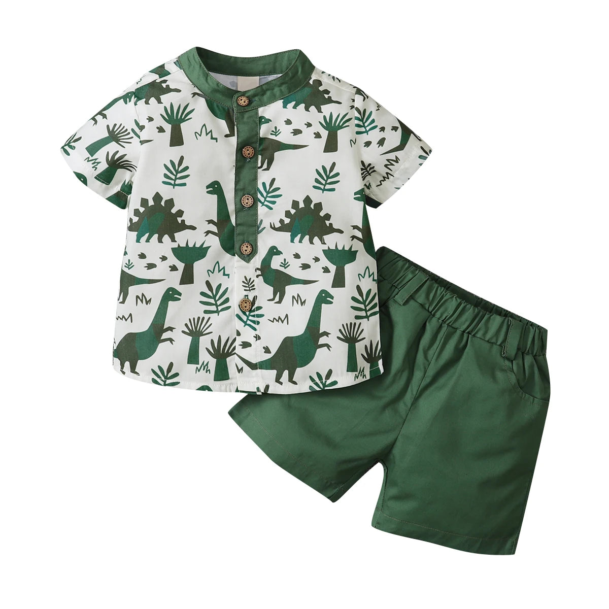 Toddler Boy 2Pcs Summer Outfits Short Sleeve Button Down Shirt Solid Elastic Waist Shorts Set