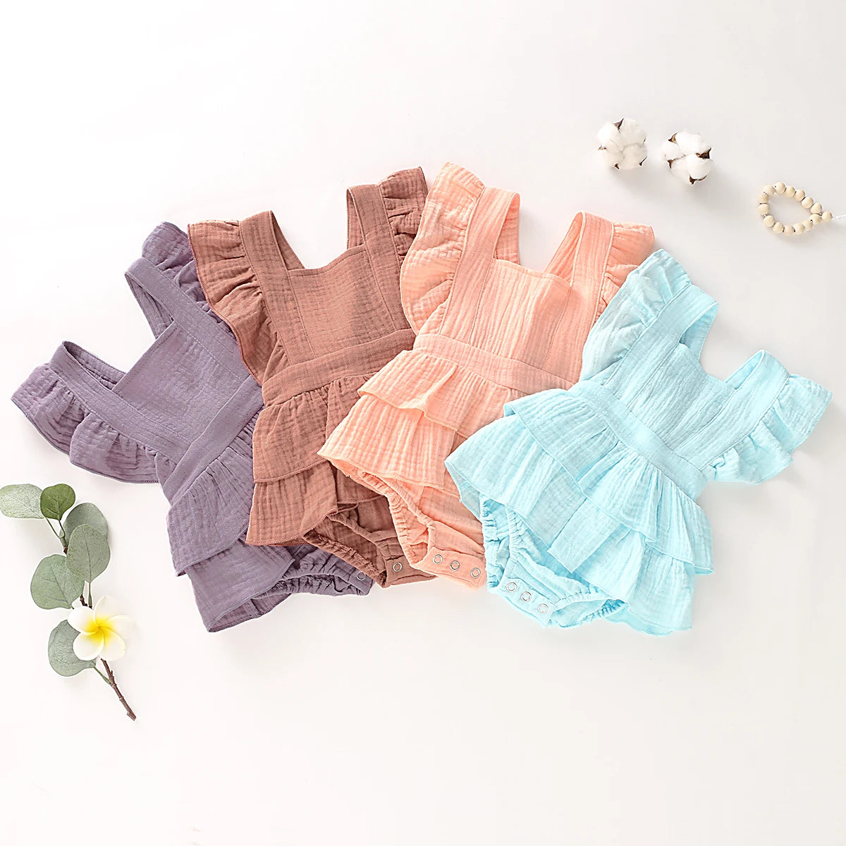 Newborn Baby Girl Clothes Ruffle Hem Cotton Solid Color Sleeveless Jumpsuit Overall Outfit Casual Set