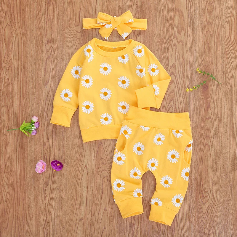 Toddler Newborn Infant Baby Girl Autumn Clothing Set Daisy Printed Cotton Top Long pants 2Pcs Outfits 3Colors