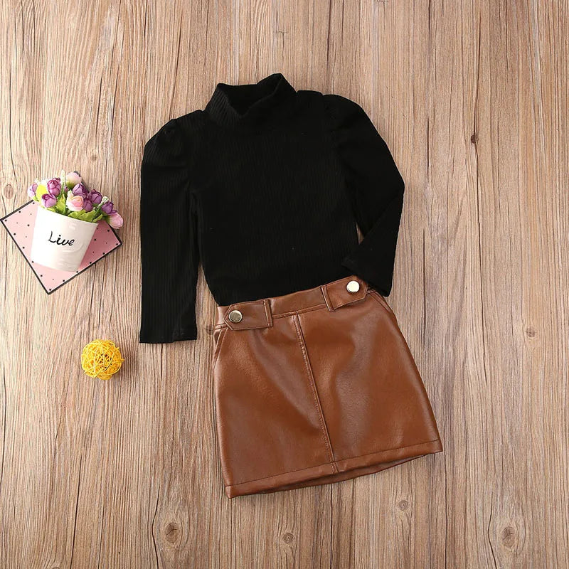 Toddler Baby Girl Autumn Fashion Clothing Set Long Sleeve knitting Black Top Leather Skirt 2Pcs Outftfit