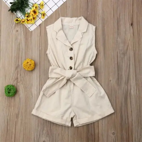 Toddler Kids Baby Girls Clothes Sleeveless Bow-tie Waist Romper Elegant Plain Solid Jumpsuit Summer Outfit