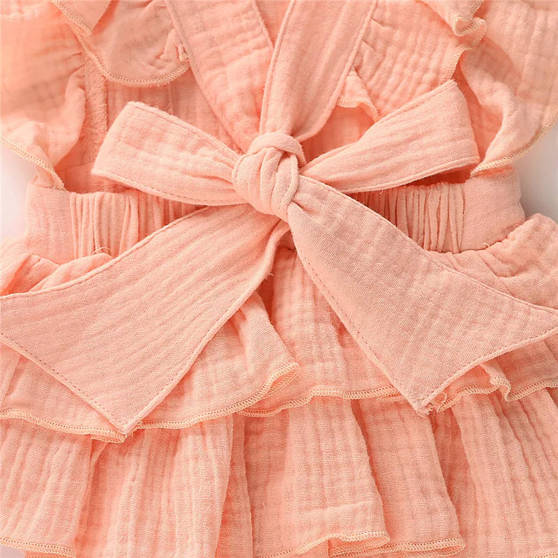 Newborn Baby Girl Clothes Ruffle Hem Cotton Solid Color Sleeveless Jumpsuit Overall Outfit Casual Set