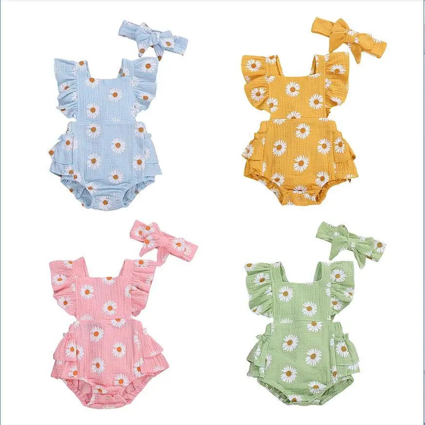 2Pcs Newborn Baby Girl Daisy Printed Romper Off Shoulder Cotton Soft Jumpsuit Headband Outfit Set