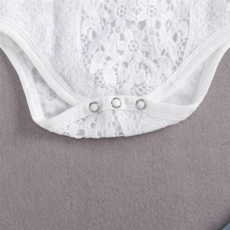 Baby Girls Fall Clothes Long Sleeve Lace Romper Suit Triangle Crotch Lace Top Hole Long Jeans 2Pcs Outfit