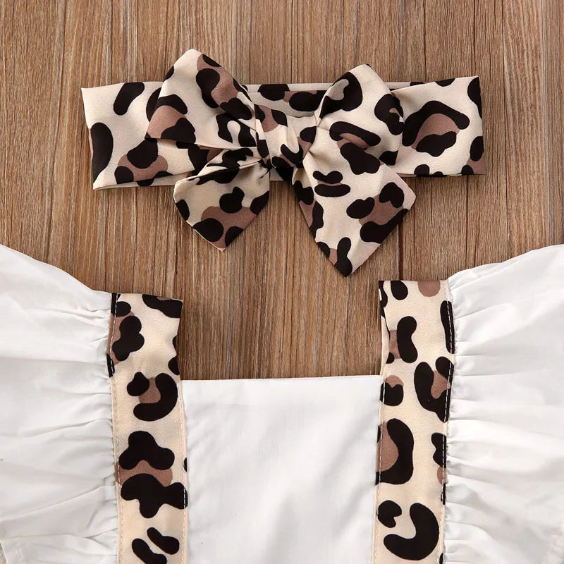 2PCS Summer Newborn Baby Girl Clothes Set Off Shoulder Leopard Bodysuit Jumpsuit Headband Outfit Set