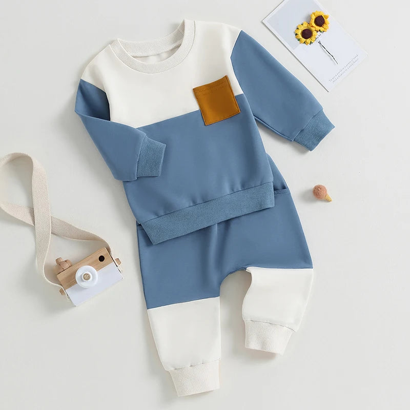 Baby Boy 2Pcs Autumn Pants Set Contrast Color Long Sleeve Crew Neck Sweatshirt Sweatpants Clothes