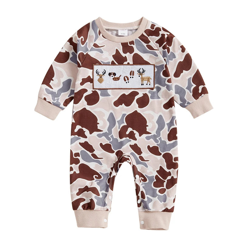 Baby Boy Camouflage Dog Reindeer Embroidered Long Sleeve Sweatshirt Jumpsuit Romper
