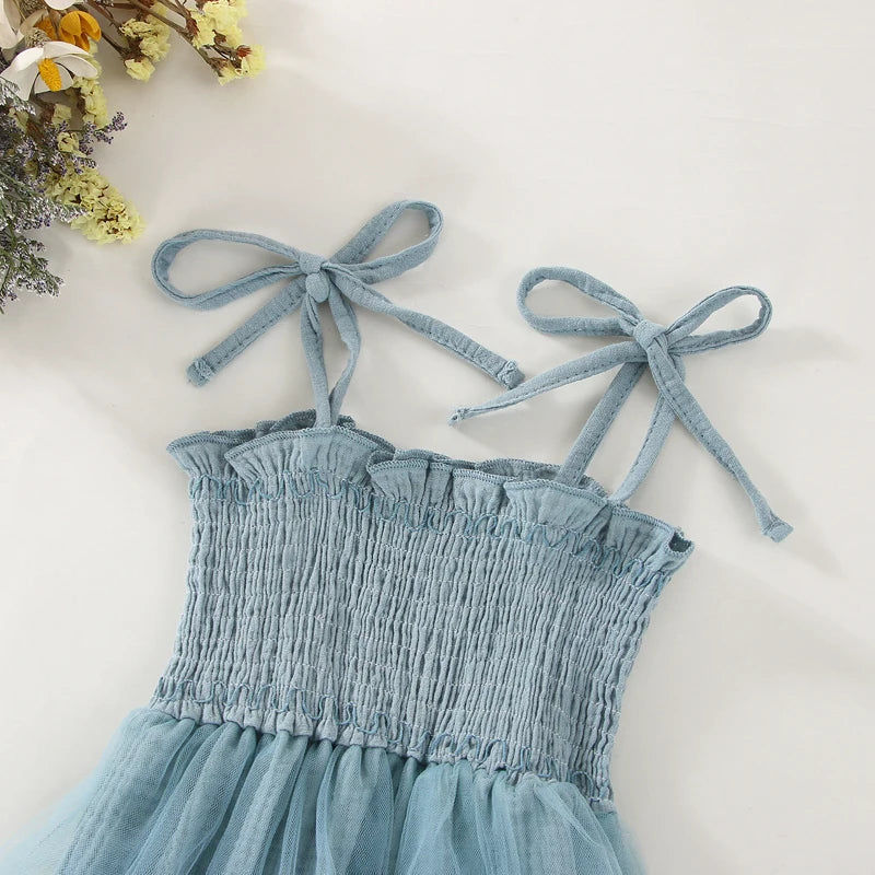 2Pcs Summer Newborn Infant Baby Girls Boys Sleeveless Strap Ruffles Lace-Up Pleated Mesh Loose Romper+Hairband