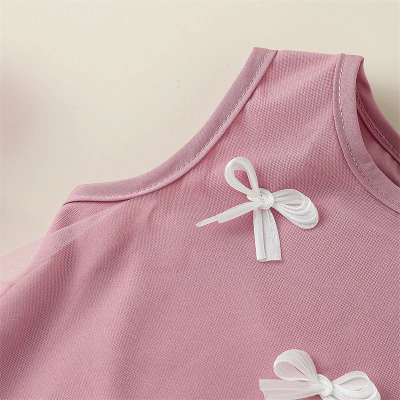 Toddler Kid Girls Dress Children Sleeveless Crew Neck Bow Tulle Dress Summer Casual Princess Dress A-line Dress