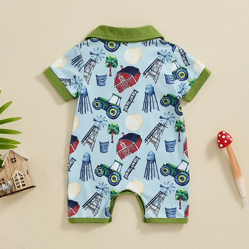 Baby Boys Summer Button Romper Short Sleeve Lapel Western Elements Print Jumpsuit
