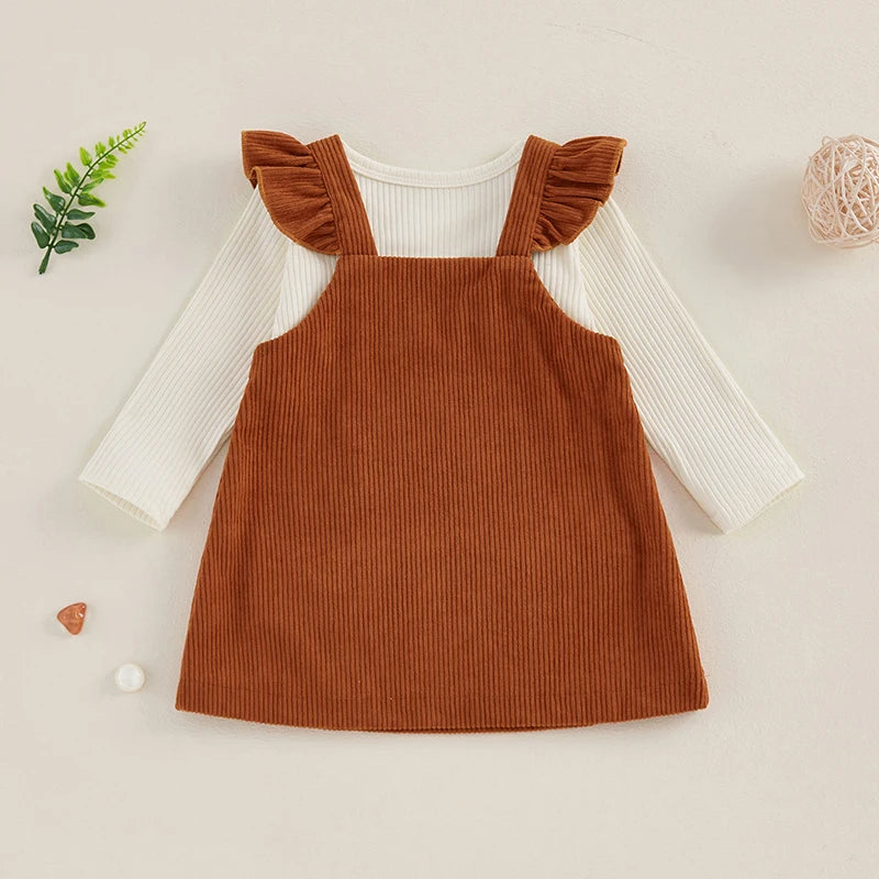 Newborn Baby Girls 2Pcs Fall Outfits Long Sleeve Ribbed Romper + Corduroy Overall Dress Set Clothes