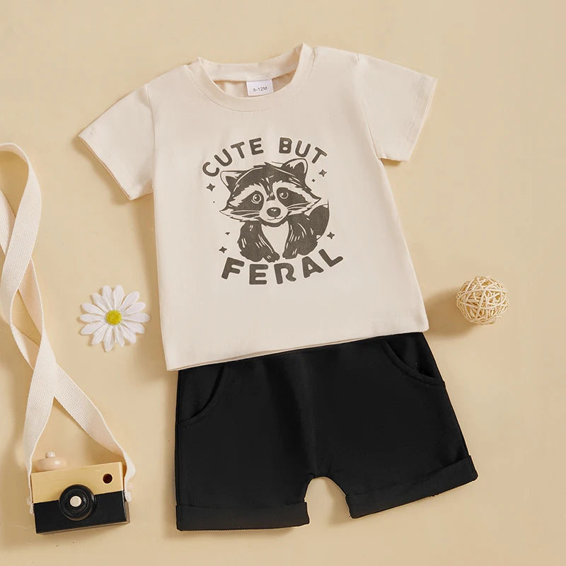 Toddler Boys Summer Outfits Raccoon Letter Print Short Sleeve T-Shirts Elastic Waist Shorts Clothes Set