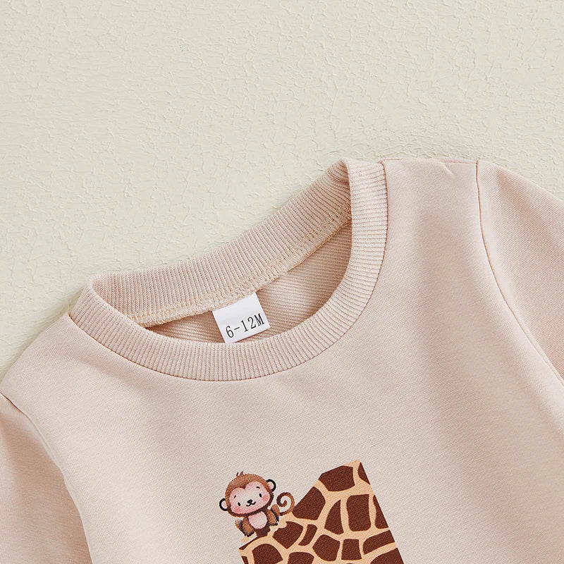 Baby Boy First Birthday Outfit, Animal Print Long Sleeve Sweatshirt Elastic Waist Pants Set for Fall