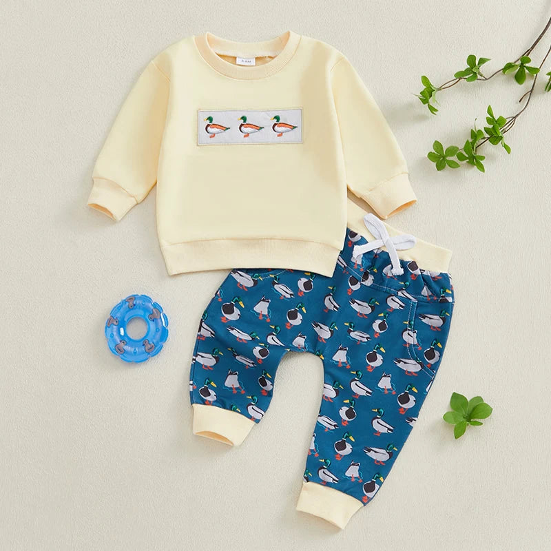 Toddler Baby Boy Girl Duck Clothes Long Sleeve Sweatshirt Plaid Elastic Waist Long Pants Outfit