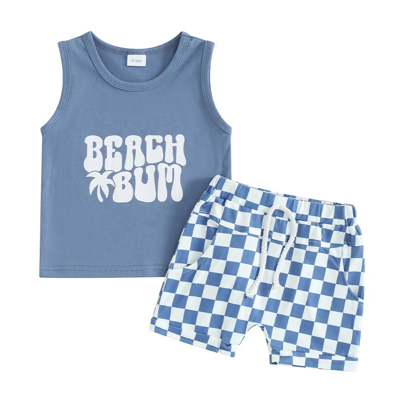 Toddler Boys Summer Outfits Letter Car Print Sleeveless Tank Tops and Checkerboard Elastic Waist Shorts Clothes Set