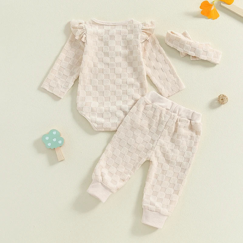 Baby Girls Set Checkered Button Long Sleeve Round Neck Ruffled Romper Bow Long Pants Hair Band Outfits