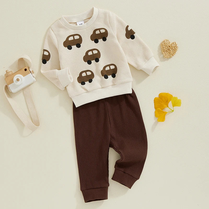 Baby Boy Track Suit Car Print Waffle Long Sleeve Sweatshirt and Elastic Pants 2 Piece Outfits for Toddler