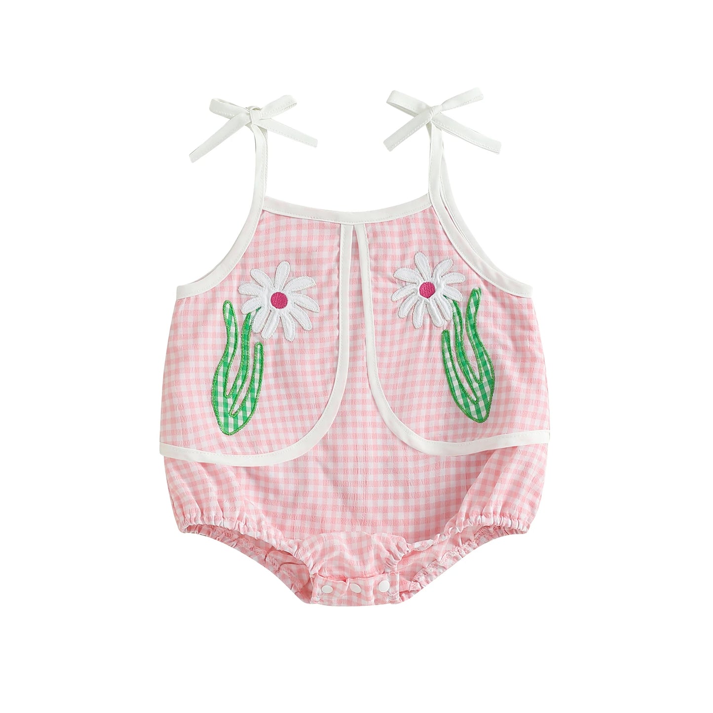 Baby Girl Summer Plaid Romper Sleeveless Flower Embroidery Strappy Shoulder Cami Jumpsuit