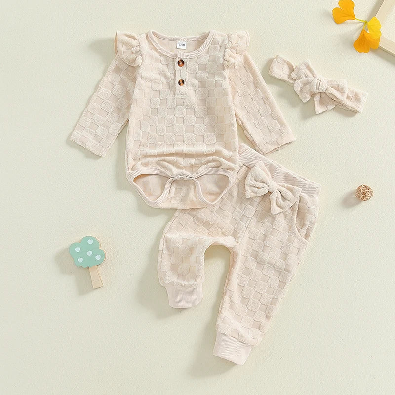 Baby Girls Set Checkered Button Long Sleeve Round Neck Ruffled Romper Bow Long Pants Hair Band Outfits