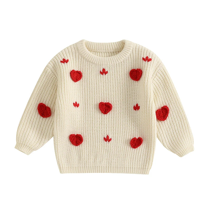 Toddler Girls Valentine's Day Sweaters Heart Long Sleeve O-Neck Ribbed Chunky Knit Jumper Tops