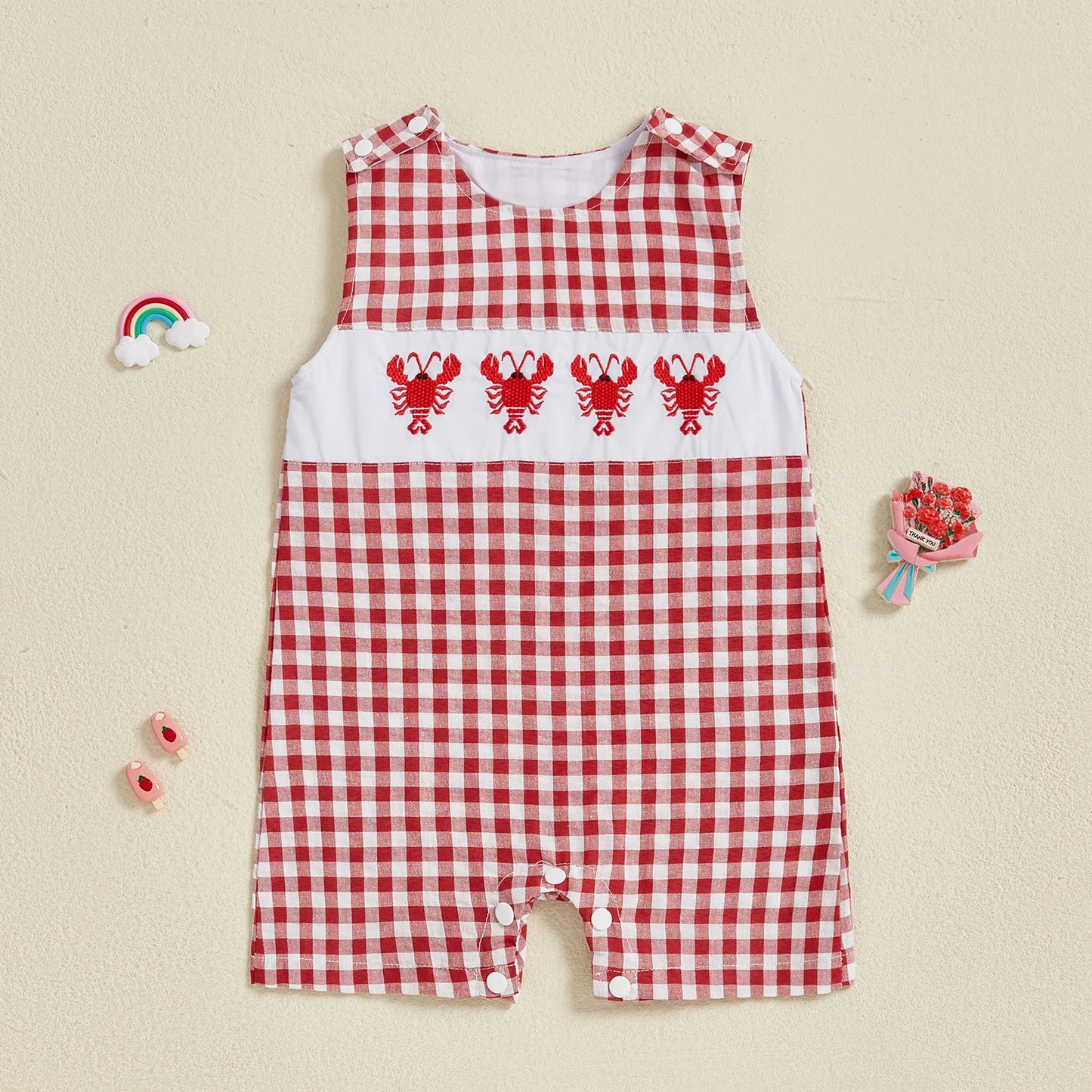 Baby Boys Romper Animal Embroidery Plaid Sleeveless Crew Neck Jumpsuit Summer Overalls