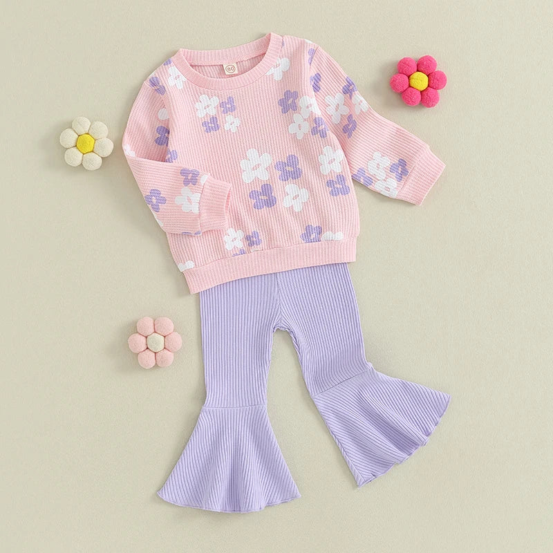 Baby Girl Fall Outfits Long Sleeve Floral Print Pullover Tops Flare Pants Set Toddler Spring Clothes