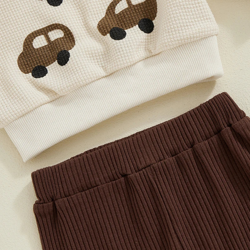 Baby Boy Track Suit Car Print Waffle Long Sleeve Sweatshirt and Elastic Pants 2 Piece Outfits for Toddler