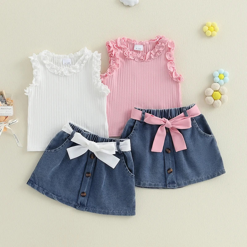 Toddler Kids Girl Outfit Solid Color Ruffles Tank Tops and Button Denim Skirt with Belt Set Summer Clothes