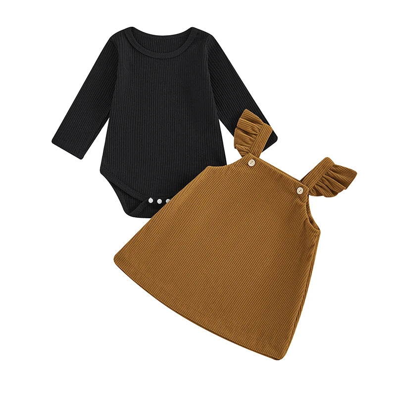 Newborn Baby Girls 2Pcs Fall Outfits Long Sleeve Ribbed Romper + Corduroy Overall Dress Set Clothes