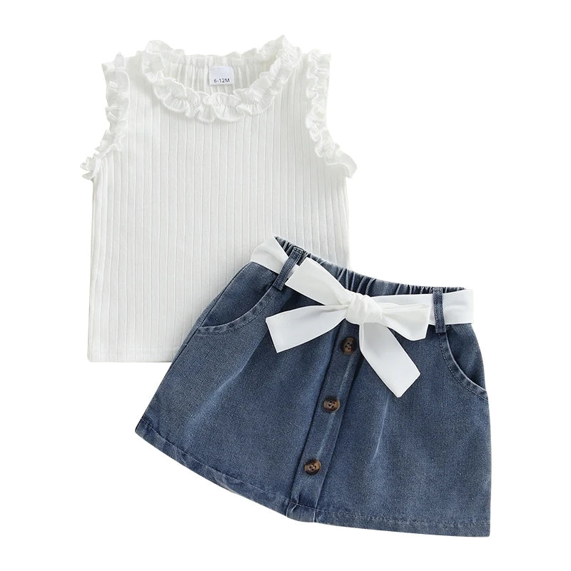 Toddler Kids Girl Outfit Solid Color Ruffles Tank Tops and Button Denim Skirt with Belt Set Summer Clothes