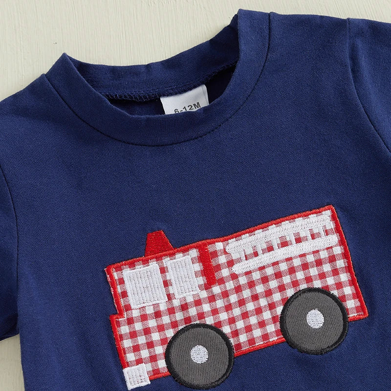 Toddler Baby Boy Summer Outfits Short Sleeve Fire Truck Embroidery T-Shirt + Short Pants Set Clothes