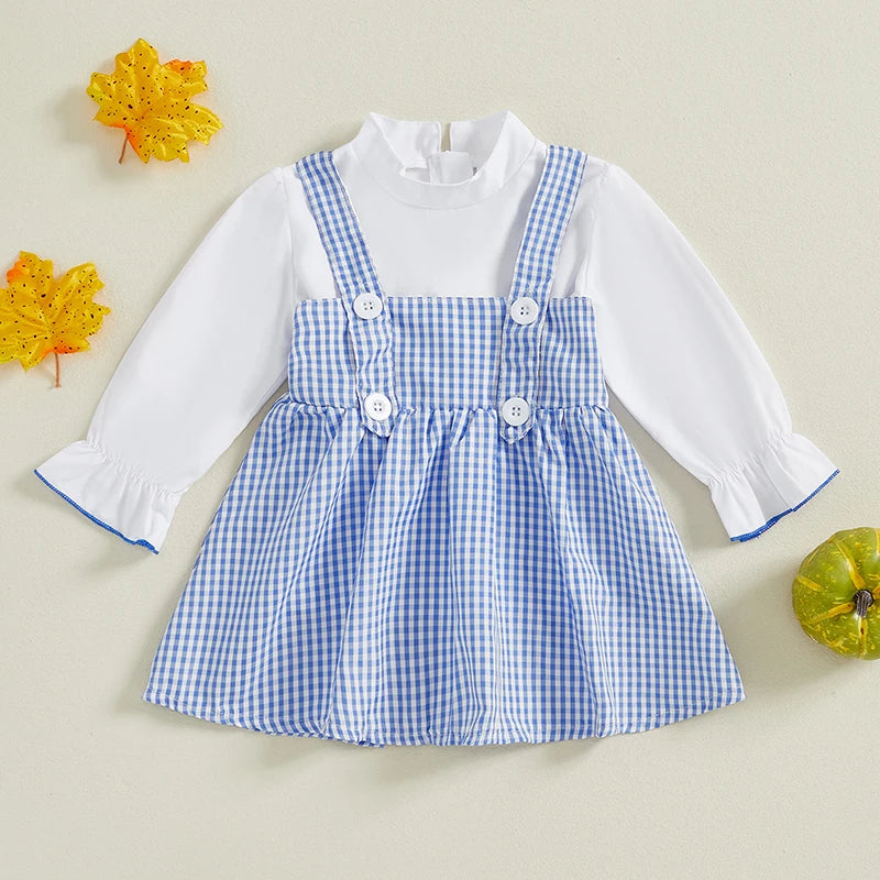 Kids Girls 2 Piece Outfit, Long Sleeve T-shirt with Plaid A-line Overall Dress Fall Outfit