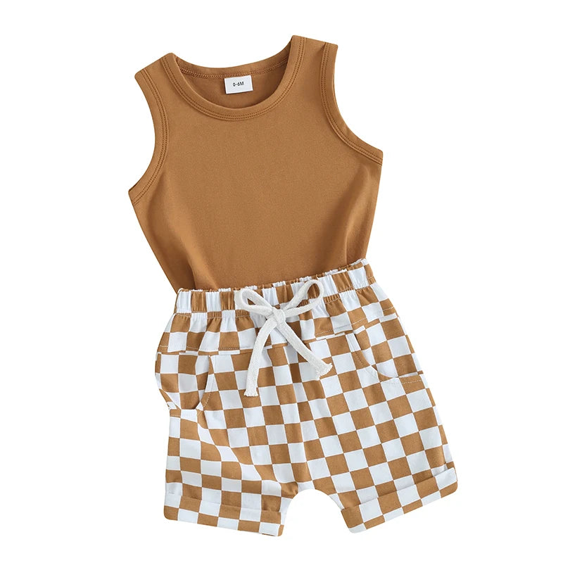 Summer Baby Boy Clothes Solid Sleeveless Tank Top Checkered Shorts 2Pcs Outfit Set