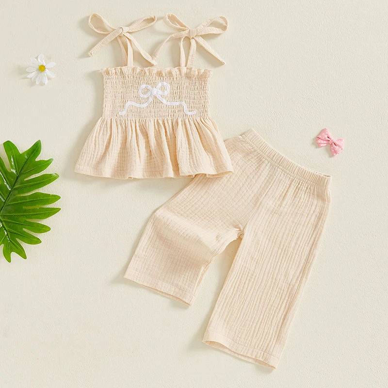 Toddler Baby Girl Set Bow Embroidery Sleeveless Smocked Lacing Strap Camisole Elastic Waistband Pants Outfits