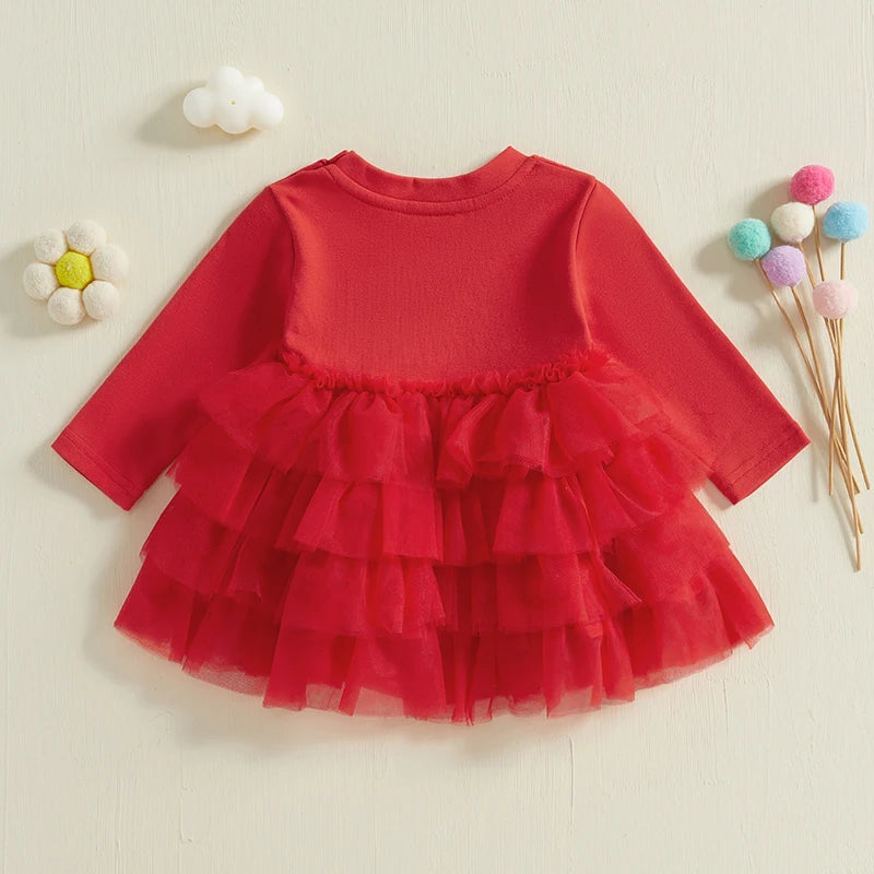 Toddler Baby Girl Fall Dress Solid Color Round Neck Long Sleeve A-line Tulle Princess Dresses