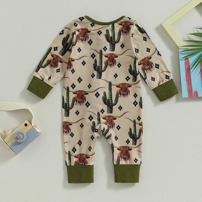Baby Boys Jumpsuit Long Sleeve Cow/Horse Print Zipped Romper