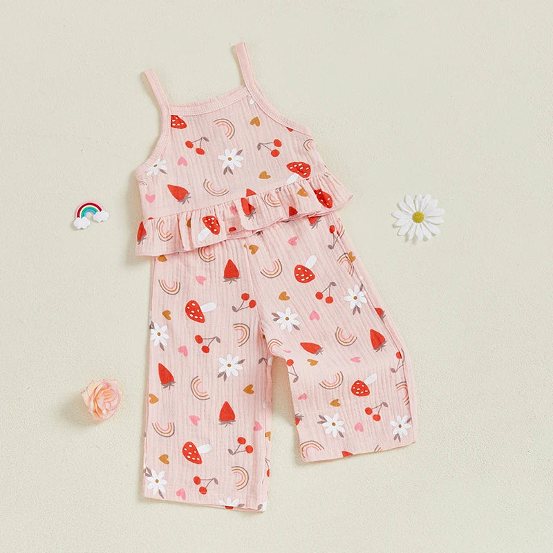 Toddler Baby Girl Summer Outfit Fruit Flower Print Ruffled Trim Sleeveless Top and Wide Leg Pants 2Pcs Set