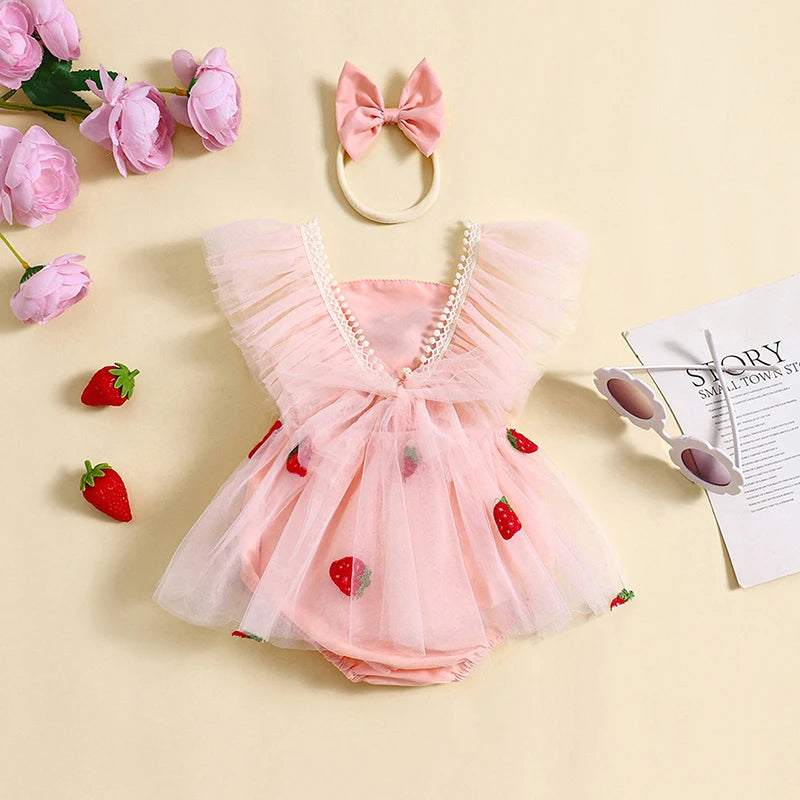 Baby Girls Summer Romper Dress Flying Sleeve Strawberry Embroidery Romper with Headband