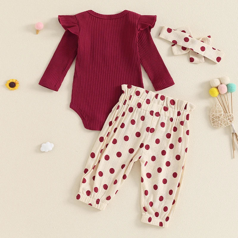 Baby Girl Fall Outfits Solid Color Crew Neck Long Sleeve Romper Dot Print Long Pants Headband 3Pcs Set