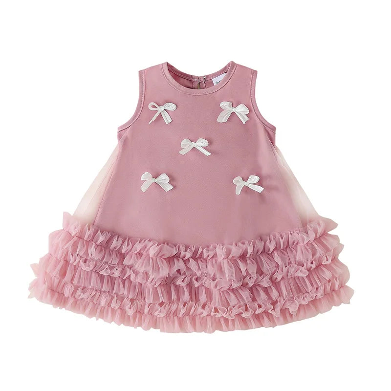 Toddler Kid Girls Dress Children Sleeveless Crew Neck Bow Tulle Dress Summer Casual Princess Dress A-line Dress