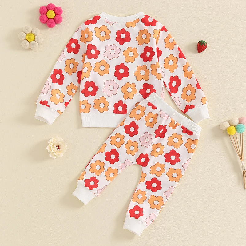 Toddler Girl Fall Outfits Floral Print Crew Neck Long Sleeve Sweatshirts and Long Pants 2Pcs Clothes Set