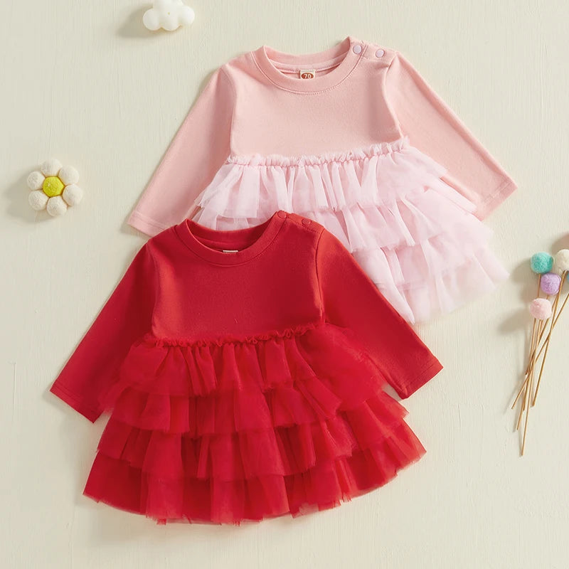 Toddler Baby Girl Fall Dress Solid Color Round Neck Long Sleeve A-line Tulle Princess Dresses